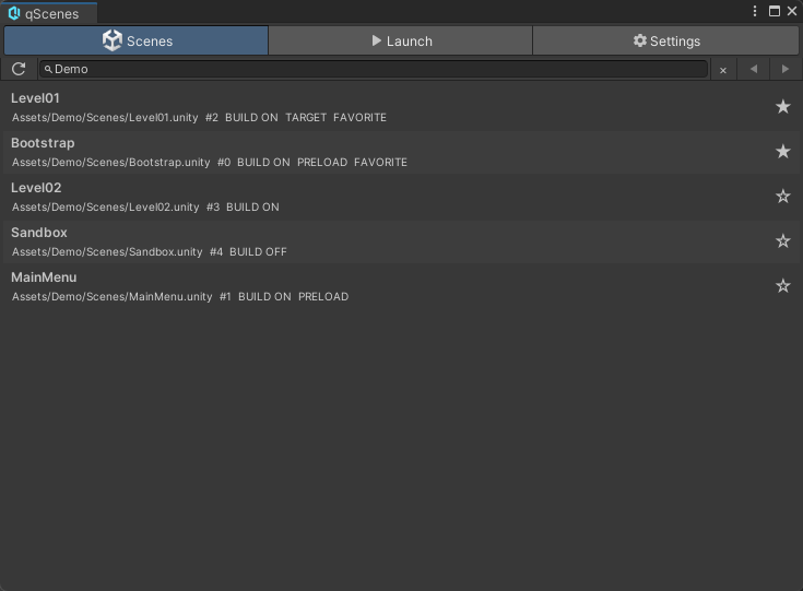 qScenes searchable scene library in Unity Editor